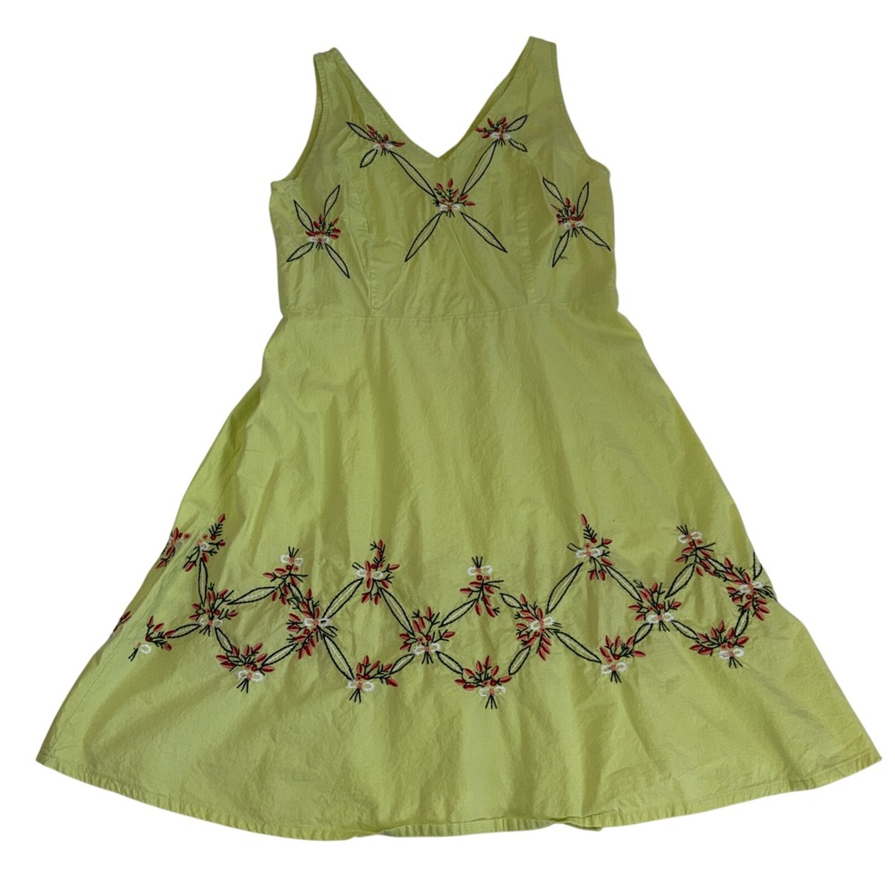 Vintage Y2K Floral Embroidered Sleeveless Green/yellow Mini Dress Women Size 10